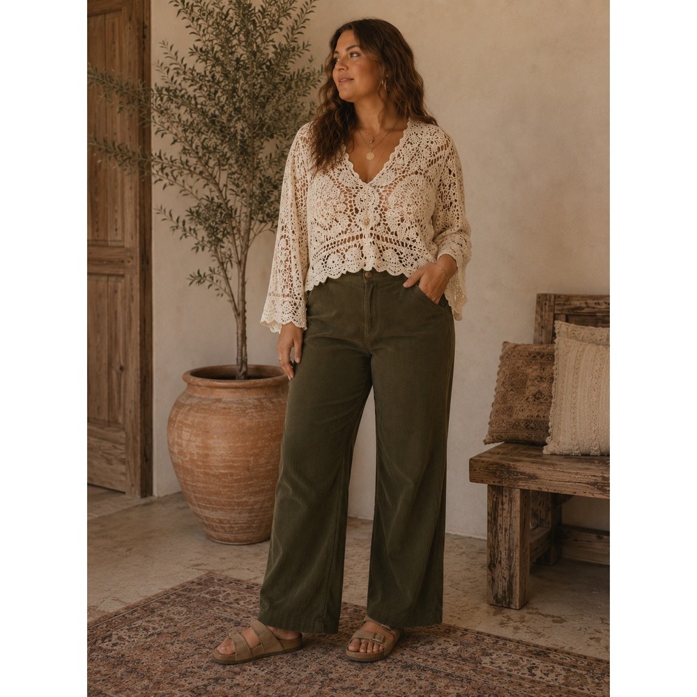 Halara Olive Green Corduroy Wide Leg Pants High Waisted Pleated XL Petite - Picture 1 of 8